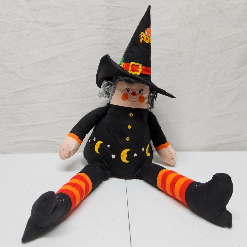 Unbranded Witch Plush Doll Halloween Large Black Orange Moon Star Fabric Decor